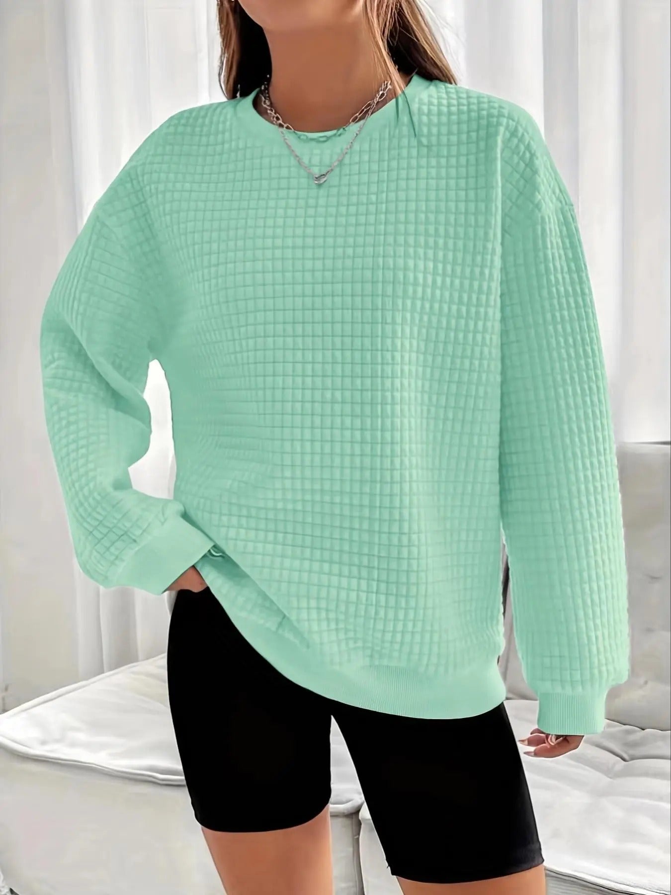 Women's Plain  Drop Shoulder Waffle Knit Sweatshirt, Casual Long Sleeve Round Neck Pullover for Spring & Fall, Ladies...