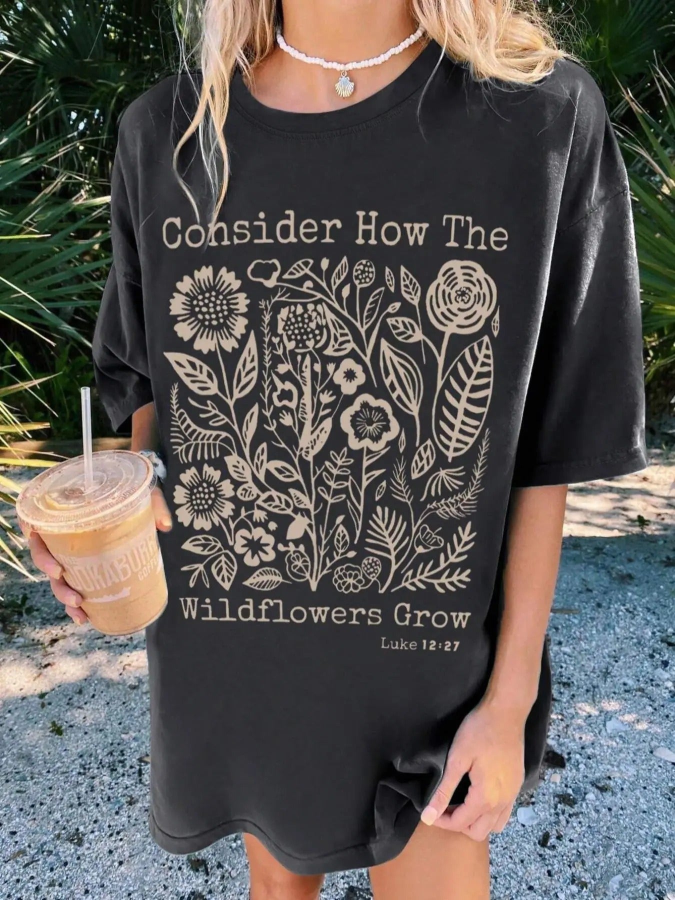 Women's Plants & Letter Print Drop Shoulder Tee, Trendy Casual Short Sleeve Round Neck T-Shirt for Daily Wear, Ladies All...