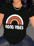 Women's Rainbow & Letter Print Round Neck Tee, Fashion Casual Short Sleeve T-shirt for Daily Holiday Vacation Outdoor...