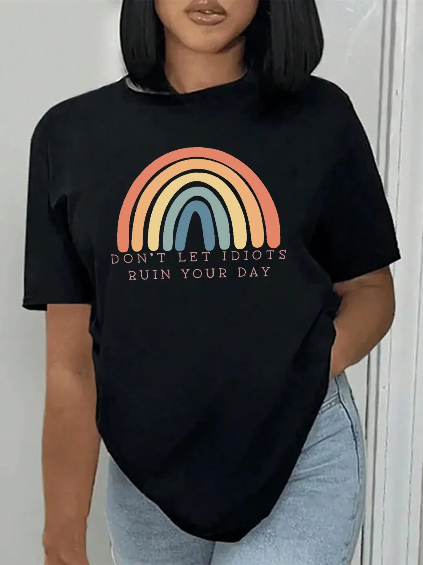 Women's Rainbow & Letter Print Round Neck Tee, Fashion Casual Short Sleeve T-shirt for Daily Holiday Vacation Outdoor...