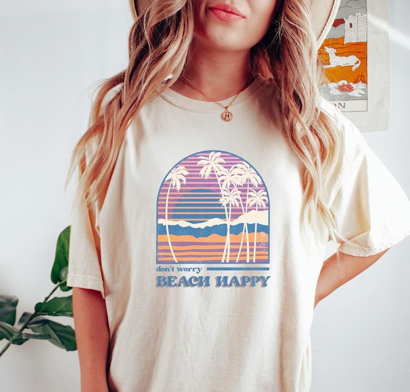 Women's Retro Don't Worry Beach Happy T-shirt Retro Vintage T Shirt Oversized T Shirt Oversized Tee Handmade Clothing...