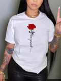 Women's Rose & Letter Print Round Neck Tee, Fashion Casual Crew Neck T-shirt for Daily Holiday Vacation Outdoor Wear,...