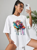 Women's Rose Print Round Neck Tee, Fashion Casual Drop Shoulder Half Sleeve T-shirt for Daily Outdoor Wear, Ladies...