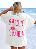 Women's Salt & Tequila & Cactus Print Round Neck Tee, Casual Short Sleeve Crew Neck T-shirt for Summer, Fashion Women's...