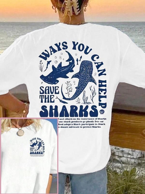 Women's Shark Print Round Neck Tee, Casual Short Sleeve Crew Neck T-Shirt for Daily Wear, Ladies Clothes for All Seasons,...