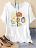Women's Shell & Letter Print Round Neck Tee, Trendy Graphic Short Sleeve T-Shirt for Daily Wear, Ladies Summer Outfit...