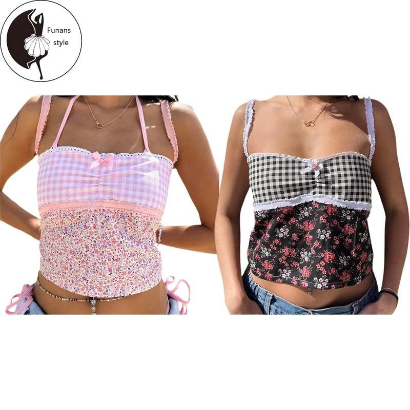 Women's Sleeveless Cami Tops Spaghetti Strap Tie-up Back Patchwork Camisole Tank Tops T-Shirts, Hoodie, Sweatshirt
