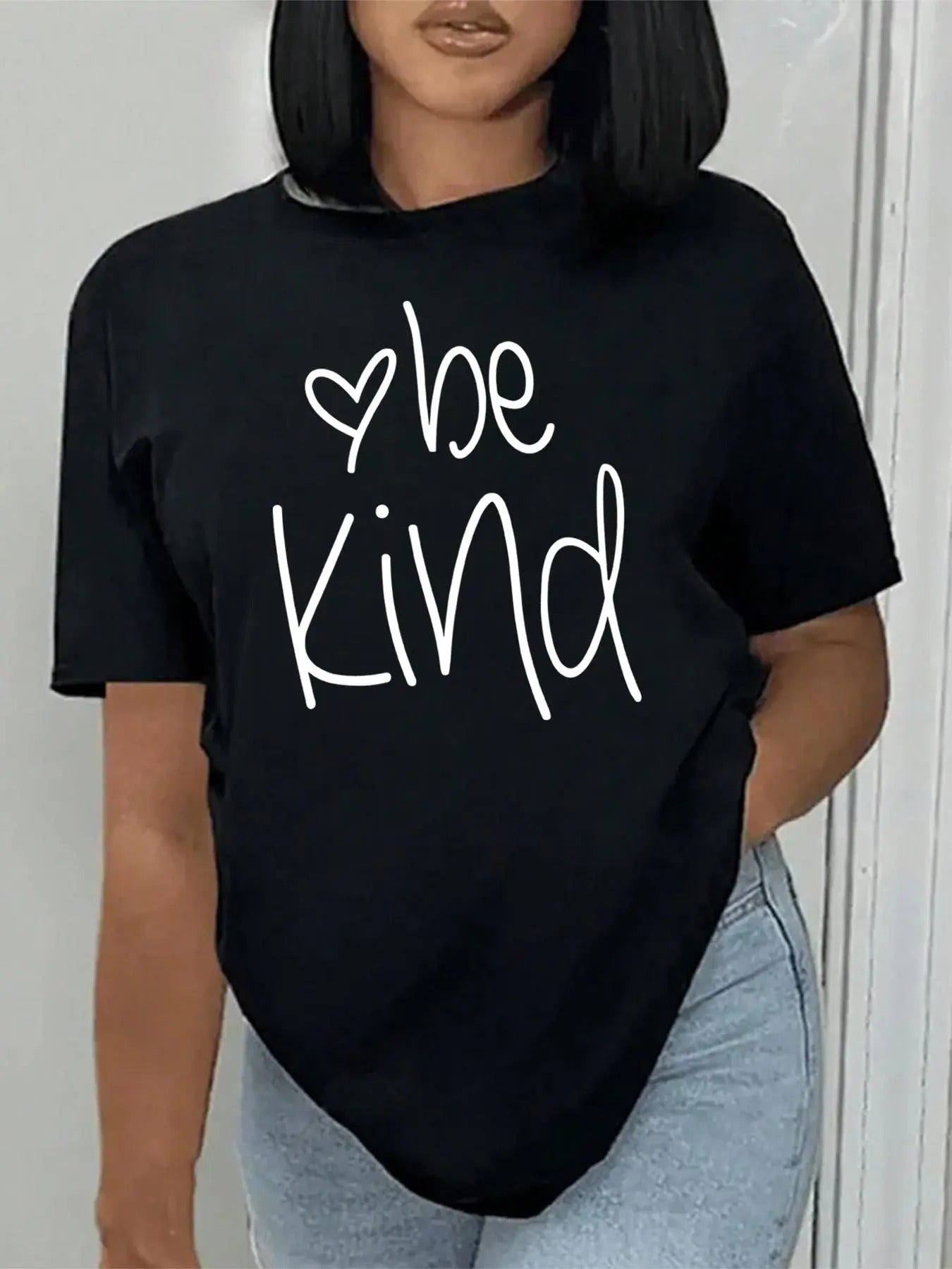 Women's Slogan & Heart Print Round Neck Tee, Trendy Casual Crew Neck Short Sleeve T-Shirt for Daily Holiday Vacation...