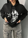 Women's Star & Face Print Drop Shoulder Hoodie, Fashion Casual Drawstring Hooded Sweatshirt for Daily Holiday Wear, Women...
