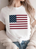 Women's Star & Striped Print Round Neck Tee, Casual Short Sleeve Crew Neck T-Shirt for Summer, Fashion Women's Top for...