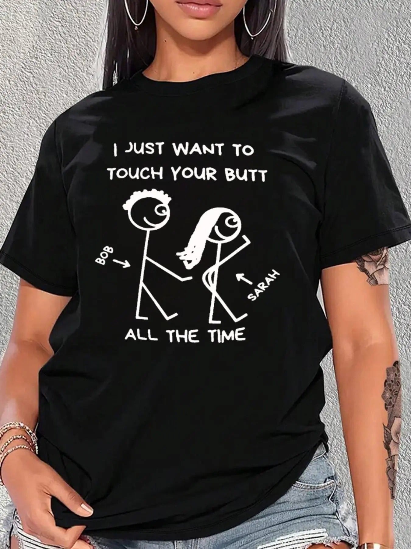 Women's Stick Figure & Letter Print Round Neck Tee, Trendy Casual Short Sleeve T-shirt for Daily Wear, Ladies All Seasons...
