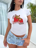Women's Strawberry & Letter Print Round Neck Tee, Casual Short Sleeve Crew Neck T-Shirt for Summer, Fashion Women's Top...