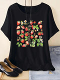 Women's Strawberry Print Round Neck Tee, Casual Short Sleeve T-Shirt for Summer, Ladies Clothes for Daily...