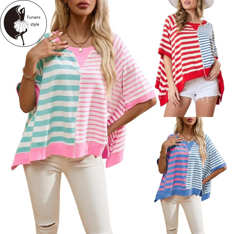 Women's Striped Tops Loose Round Neck Short Sleeve Casual T-Shirt for Summer Streetwear Hoodie, Sweatshirt