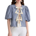 Women's Summer Babydoll Tops Stripe Print Puff Sleeve Round Neck Bow Tie-Up Front Loose Shirt Womenswear Blouse Hoodie,...