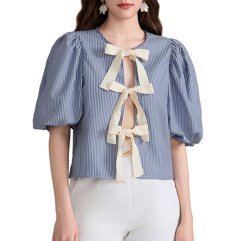 Women's Summer Babydoll Tops Stripe Print Puff Sleeve Round Neck Bow Tie-Up Front Loose Shirt Womenswear Blouse Hoodie,...