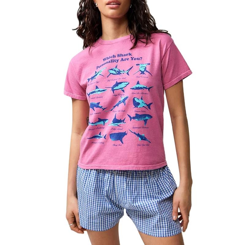 Women's Summer Shark Print Tops Casual Short Sleeve Round Neck Loose T-Shirts Blouses Fabric Womenswear Hoodie, Sweatshirt