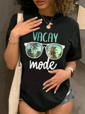 Women's Sunglasses & Letter Print Round Neck Tee, Trendy Casual Short Sleeve T-Shirt for Daily Wear, Ladies All Seasons...