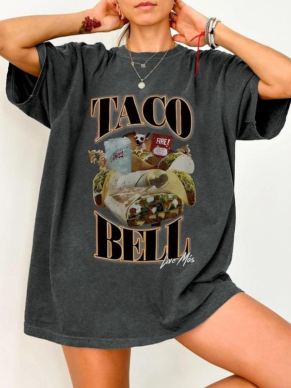 Women's Taco & Letter Print Round Neck Tee, Casual Graphic Short Sleeve T-Shirt for Summer, Ladies Clothes for Daily...