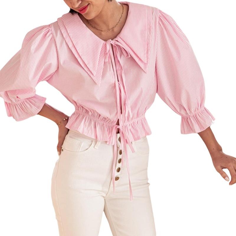 Women's Tie Front Ruffle Tops Puff Sleeve Pointed Collar Slim Fit T-Shirts Summer Blouses Womenswear Underwear Hoodie,...