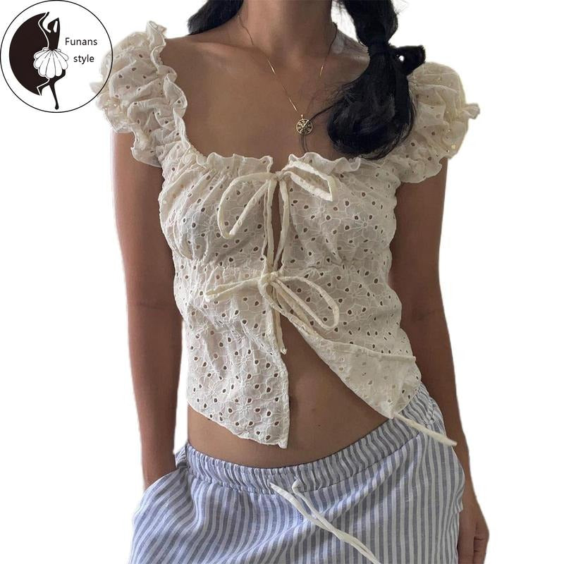 Women's Tie-up Front T-Shirts Short Sleeve Square NeckFit Tops Frill Trim T-Shirts Hoodie, Sweatshirt | RetroVerseTees.com