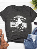 Women's UFO & Animal Print Round Neck Tee, Fashion Casual Short Sleeve T-Shirt for Daily Wear, Ladies Summer Clothes...