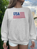Women's USA Flag Print Drop Shoulder Sweatshirt, Casual Long Sleeve Round Neck Pullover for Daily Wear, Ladies Clothes...