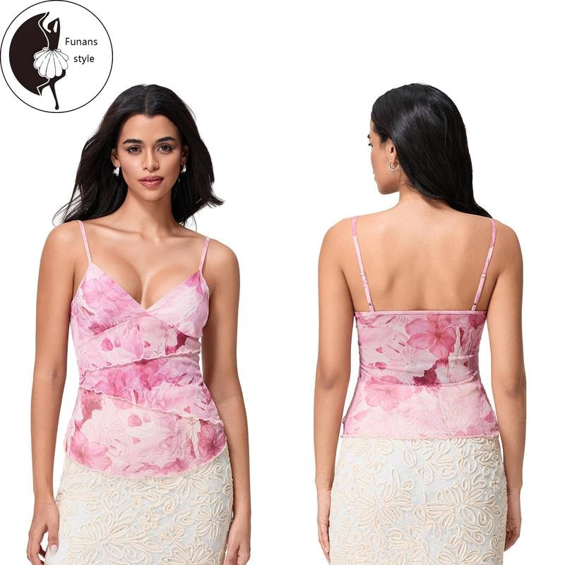 Women's V Neck Cami Tops Sleeveless Spaghetti Strap Floral Print Camisole Mesh Shirt Hoodie, Sweatshirt | RetroVerseTees.com