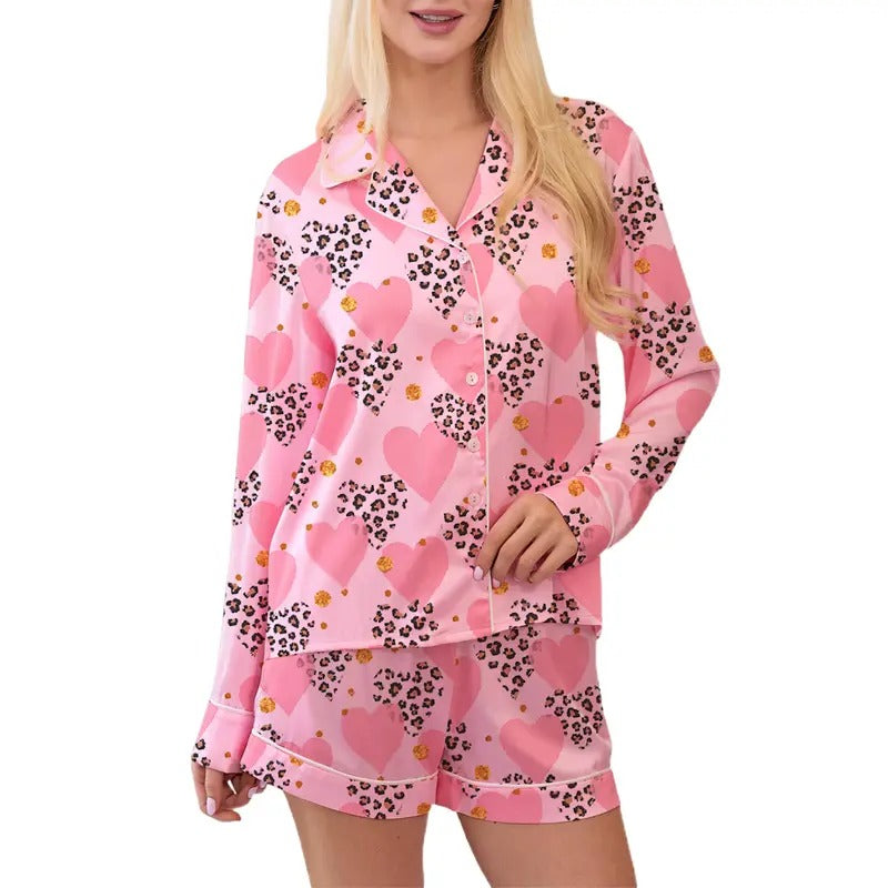 Women's Valentine's Day Lounge Set Long Sleeve Heart Print Shirt Shorts Sleepwear Hoodie, Sweatshirt | RetroVerseTees.com