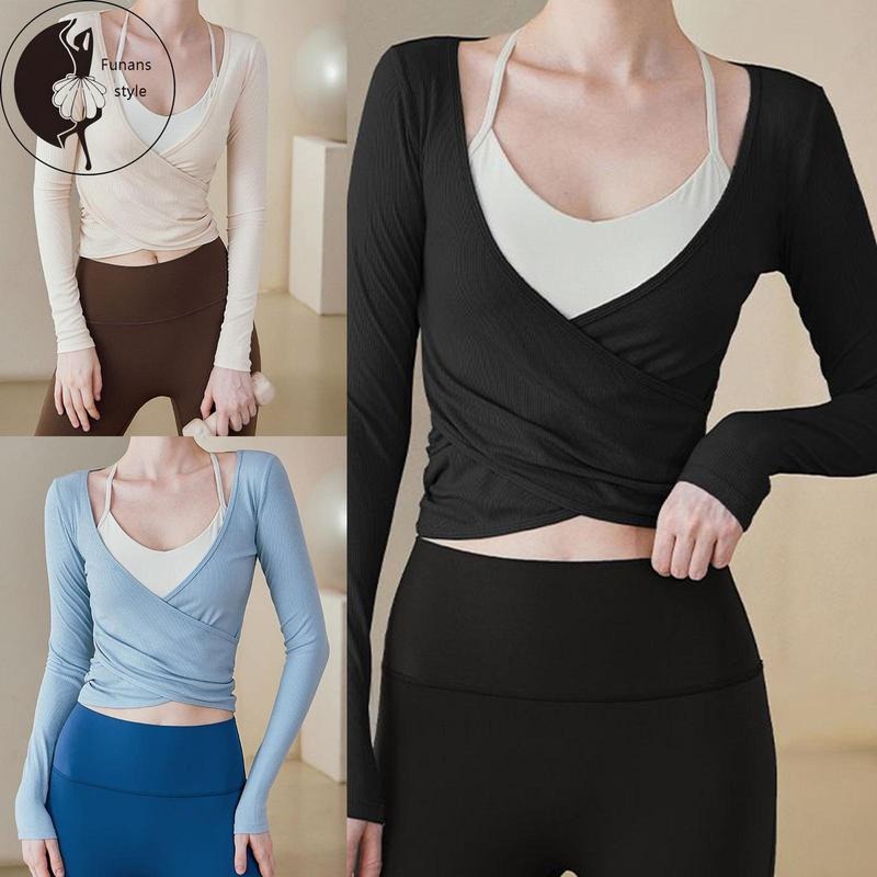 Women's Workout Tops Long Sleeve Deep V Neck Wrap Front Yoga Shirts Breathable Active Tops