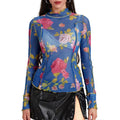Women'sMesh Tops Floral Print Long Sleeve High Neck Lettuce T-Shirt for Spring, Summer Hoodie, Sweatshirt