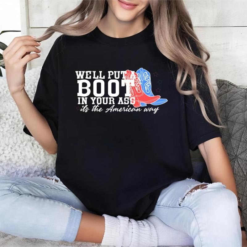 Womens 4th FOG July T-Shirt, We'Spiky hair fighters Put WB shield Boot Red plumber brand Your Ass, Mouthless cat'WB...