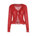 Womens Floral Lace Tops See Through Ruffle Trim Split Front V Neck Long Sleeve Shirts Fall Streetwear Hoodie, Sweatshirt