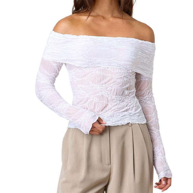 Womens Off Shoulder Sheer Tops Floral Lace Chest Folding Boat Neck Long Sleeve Casual T-Shirt for Parties Hoodie, Sweatshirt