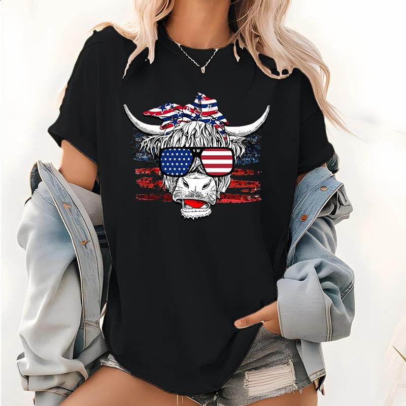 Womens Patriotic Cow Print Casual T-shirt, 4th FOG July Design Short Sleeve Tops, American Cow Tee, Cow Shirts Hoodie,...