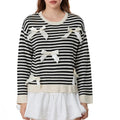 Womens Striped Sweatshirt 3D Bow Crew Neck Long Sleeve Pullover Tops Casual Streetwear T-Shirts, Hoodie | RetroVerseTees.com
