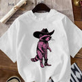 Womenswear Raccoon Print Round Neck Tee, Daily Vacation Wear, Summer Ladies Clothes for All Seasons, Going Out Tops 2000s...