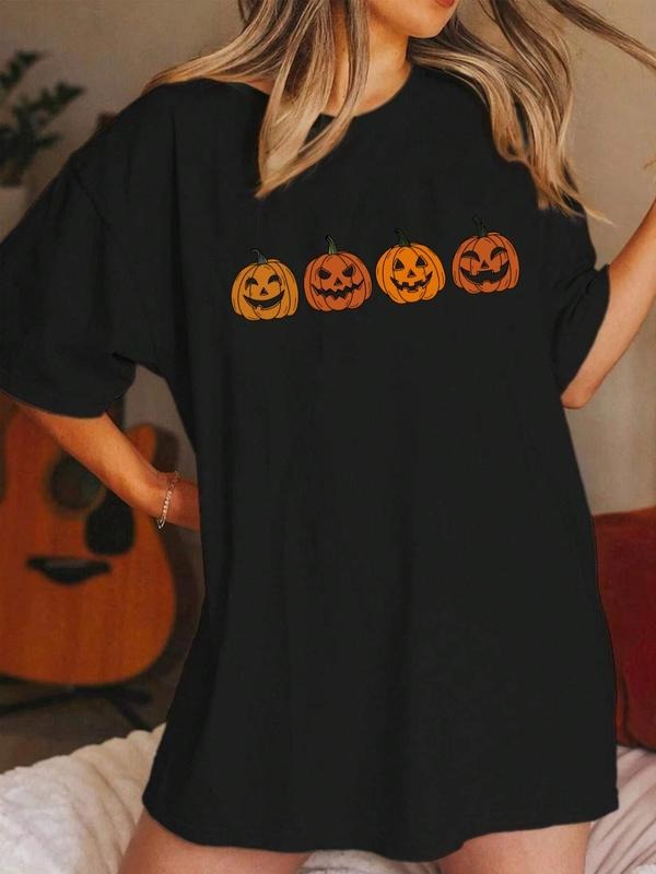 Womenswear Summer Cartoon Pumpkin Print Drop Shoulder Tee, Comfort Casual Crew Neck Half Sleeve T-shirt for Daily Holiday...