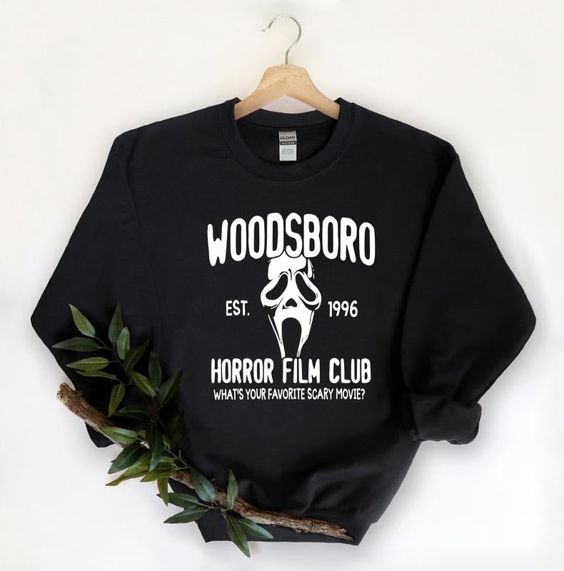 Woodsboro horror film club Sweatshirt, Scream Ghost sweatshirt, Halloween sweatshirt for women, Horror film Sweatshirt,...