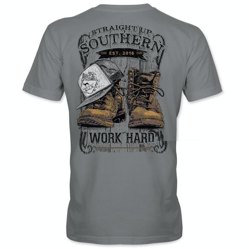 Work Hard - Vintage Work Boots and "WORK HARD" Pocket T-Shirt - Grey Hoodie, Sweatshirt | RetroVerseTees.com