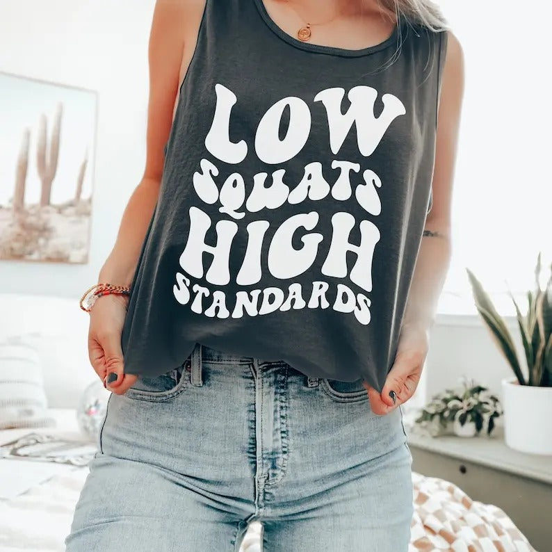 Workout Tank For Women, Low Squats High Standards Shirt, Funny Work Out Top Hoodie, Sweatshirt | RetroVerseTees.com