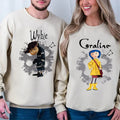 Wybie and Coraline Couple Couple Sweatshirt, Cute Coraline T-Shirt, Valentine Movie Hoodie Shirt, Coraline yellow Coat...