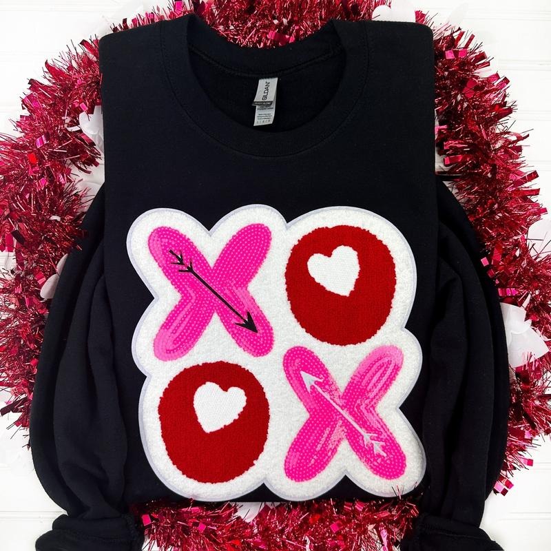 XOXO Chenille Sequin Patch Sweatshirt -- BLACK T-Shirts, Hoodie | RetroVerseTees.com