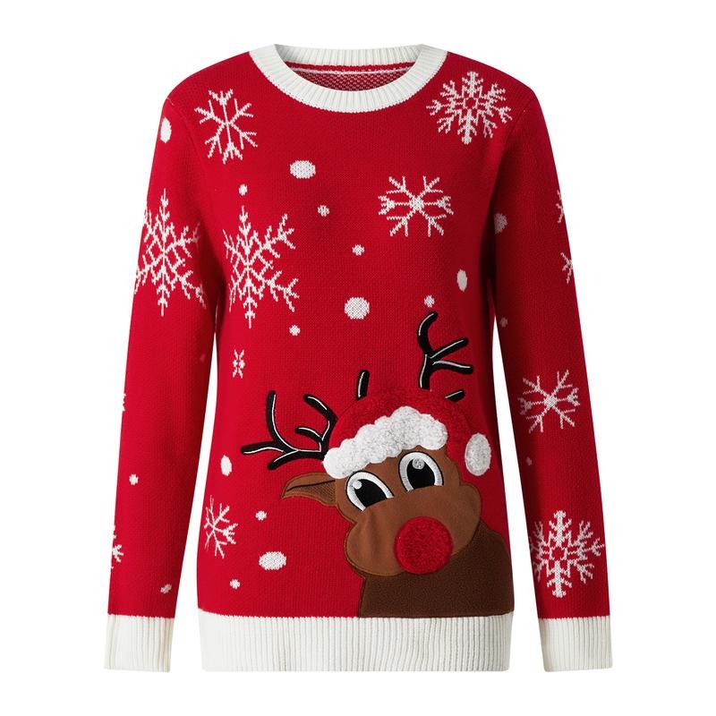 Adults Sweater, Snowflake Elk Print Crew Neck Long Sleeve Knitwear Winter Outfit for Women Men, S/M/L/XL/XXL/XXXL Casual...