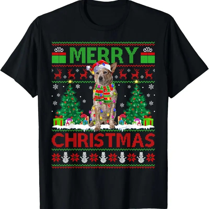 Xmas Tree Lights Ugly Santa Australian Cattle Dog Christmas T-Shirt Hoodie, Sweatshirt | RetroVerseTees.com