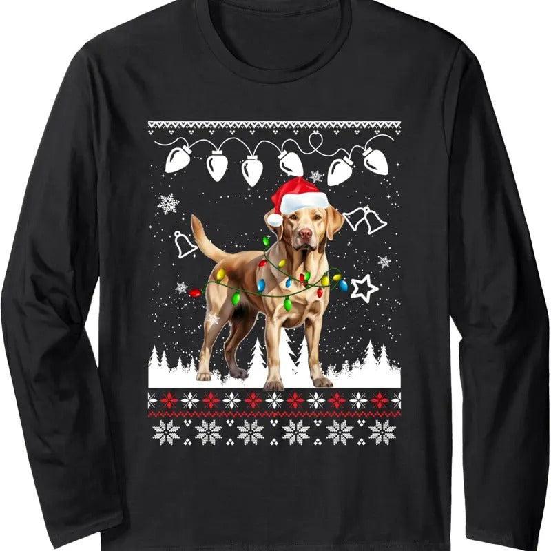 Xmas Ugly Sweater Christmas Lights Labrador Retriever Dog Long Sleeve T-Shirt Hoodie, Sweatshirt | RetroVerseTees.com