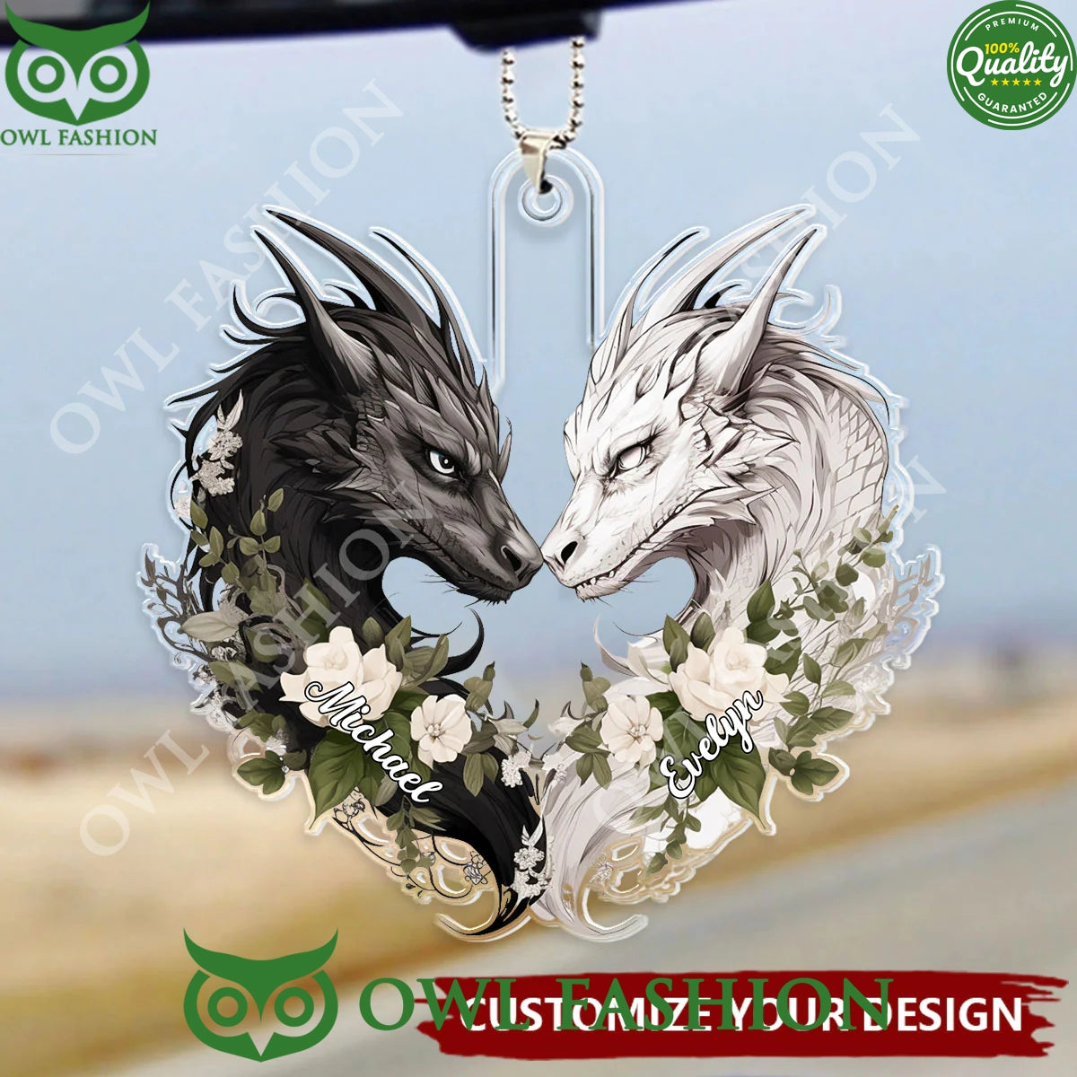 Couple Black And White Dragons Love Valentine Acrylic Car Ornament