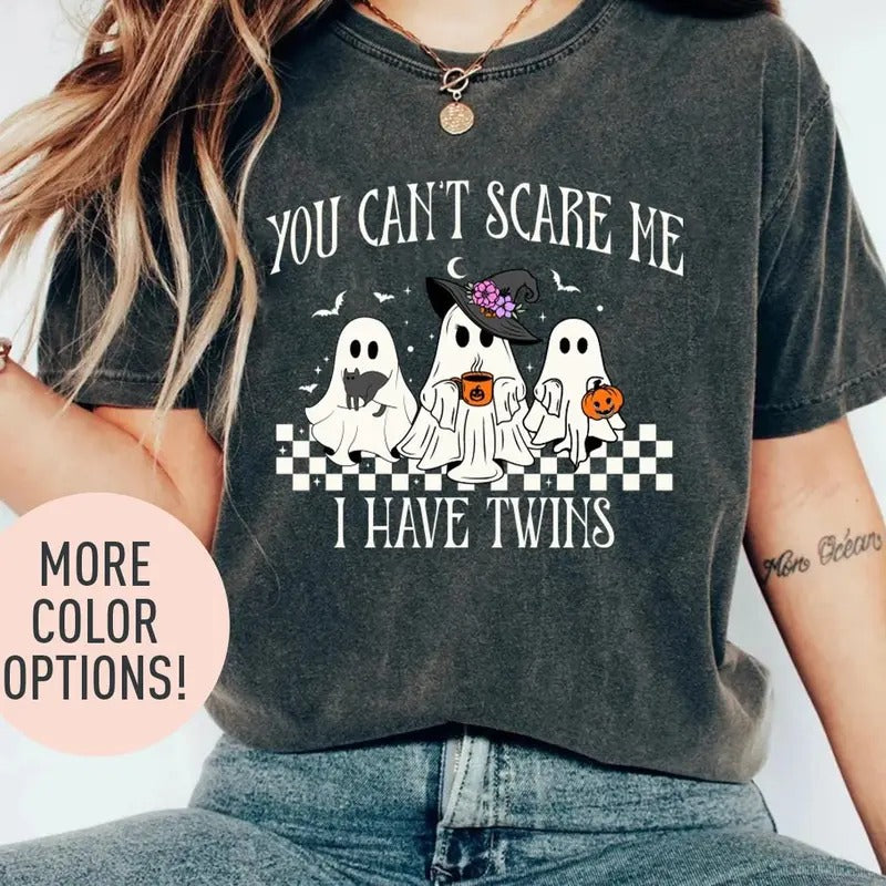 You Can't Scare Me I Have Twins Shirt, Funny Ghost Shirt for Twin Mom, Halloween Twin Mom Shirt, Twin Pregnancy Reveal...