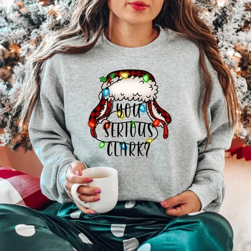 "You Serious Clark"? Christmas Sweatshirt - Hoodie with Christmas Lights and Plaid Hat Design, Cozy Apparel for Movie...
