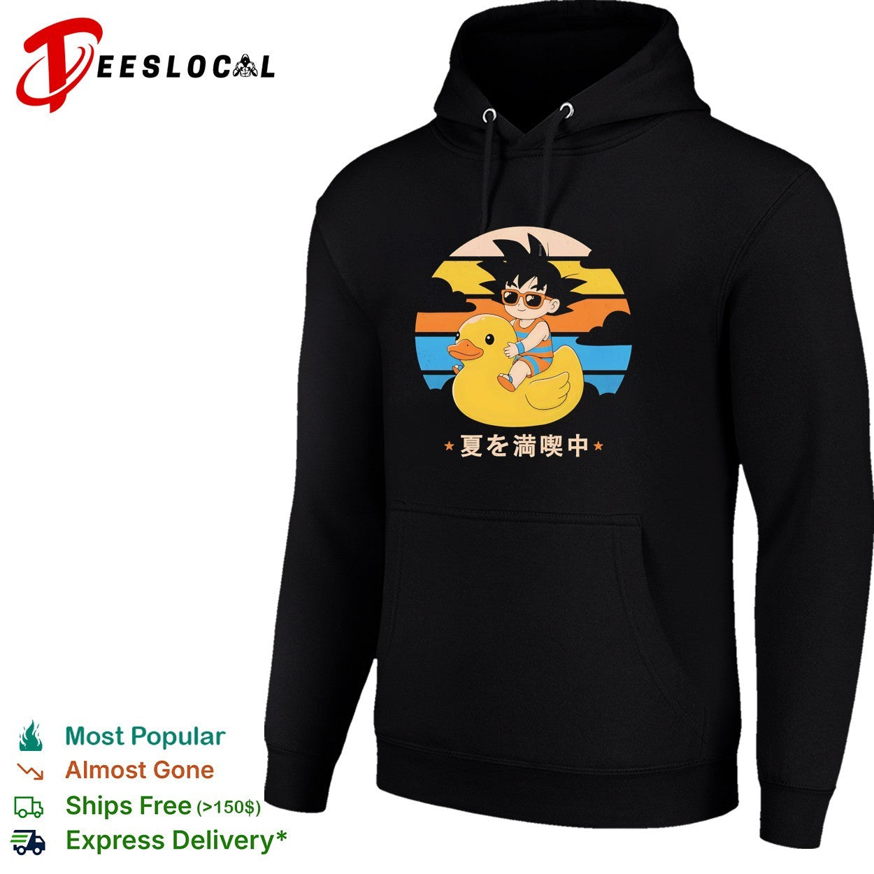 Young Goku riding rubber duck at sunset enjoying summer shirt
